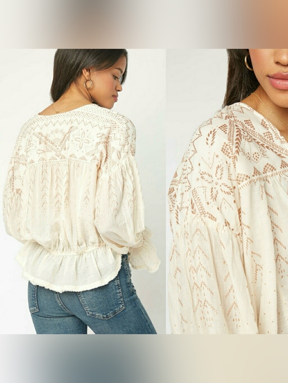 Free People Cream Lace Yoke Peplum Wrap Blouse - Picture 2 of 9